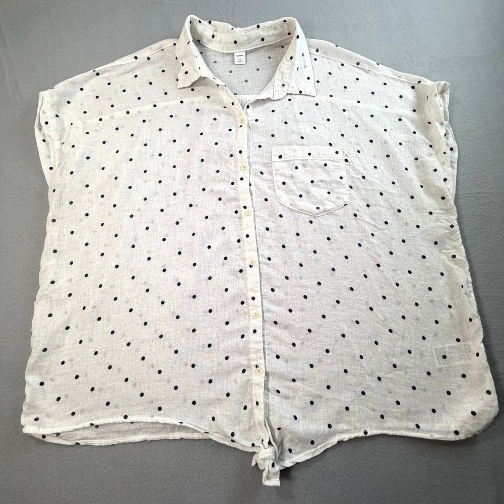 Old Navy White Polka Dot Linen Button Down XXL Tie Front Capsule Wardrobe - Picture 2 of 9
